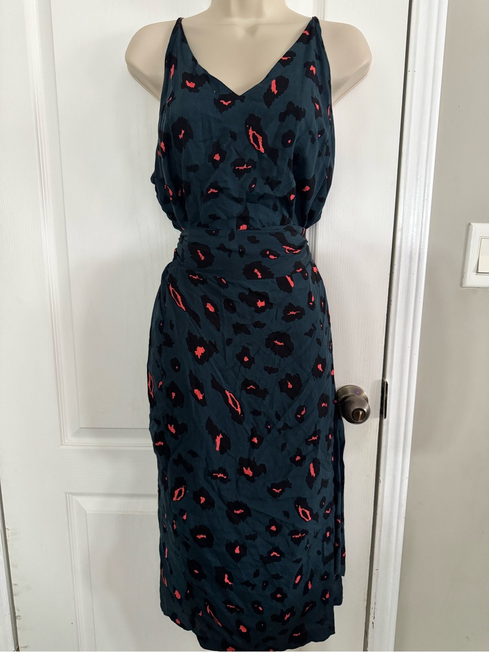 SHEIN Navy Midi Dress with Coral and Black Spot Print